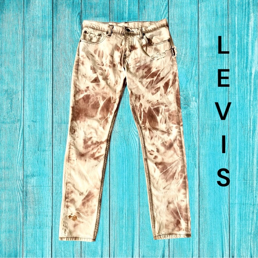 Levi’s 511 Cream & Rust Color Custom Jeans With Distress & Hand Dye Technique.